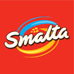 iuGO Digital - Smalta logo with white and yellow text on a red background, featuring blue, yellow, and orange swooshes and five yellow dots above the "a.