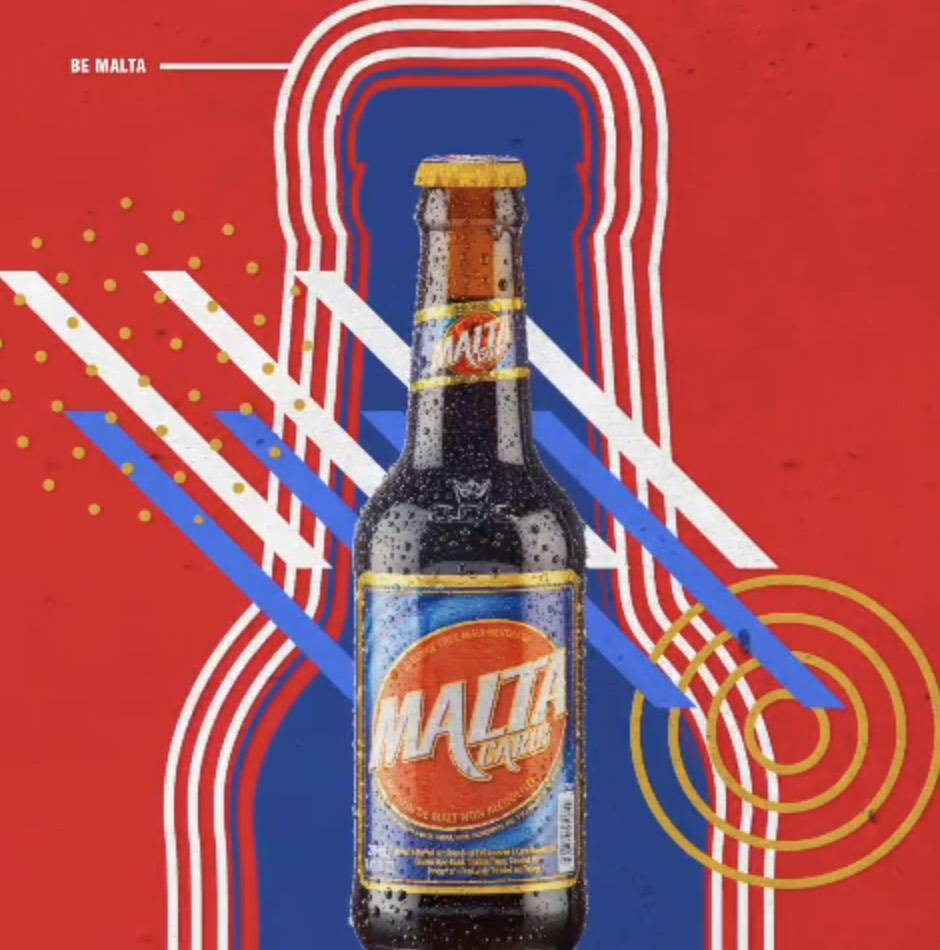 iuGO Digital - A bottle of Malta Gallo malt beverage with water droplets, set against a red background with geometric lines and shapes.