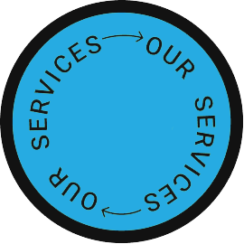 iuGO Digital - A blue circle with the words "OUR SERVICES" written twice around the edge in a circular pattern, separated by two curved arrows, and a black border.